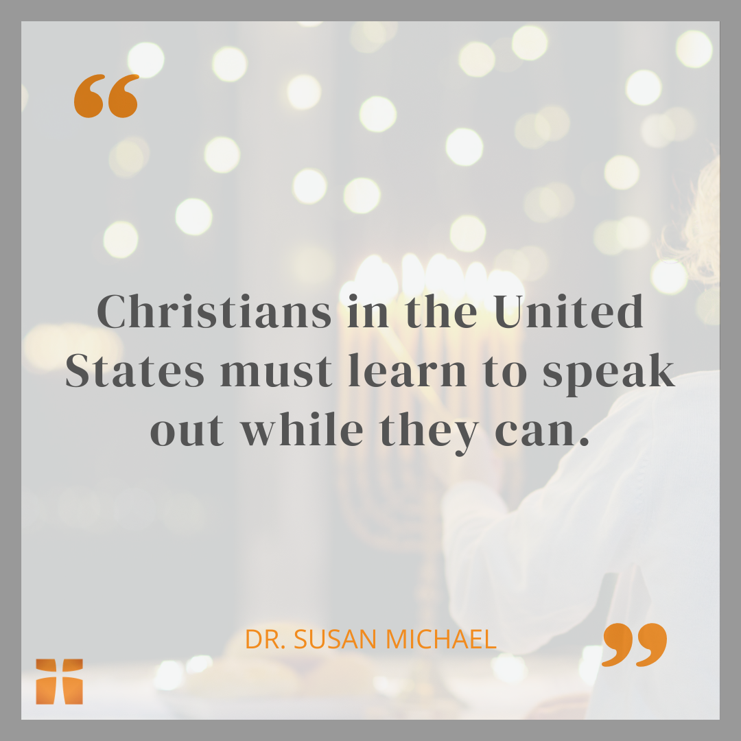 Quote graphic urging Christians in America to speak out against antisemitism while they can.