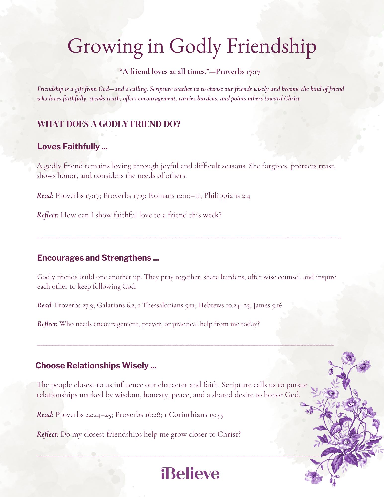 Image of a printable titled “Growing in Godly Friendship” with Bible verses, reflection questions, a friendship checklist, and a prayer for becoming a faithful, encouraging, Christ-centered friend.