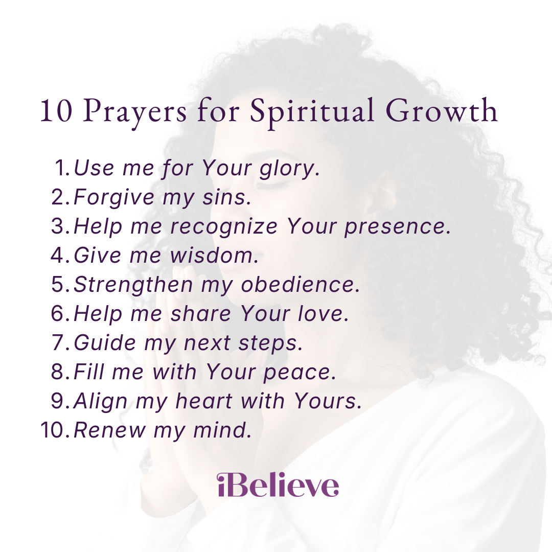 Graphic titled “10 Prayers for Spiritual Growth” listing prayers for God’s glory, forgiveness, wisdom, obedience, peace, guidance, and a renewed mind.