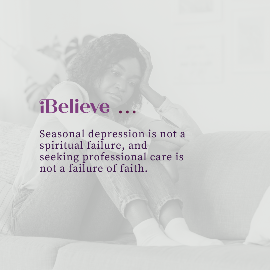 Christian mental health quote card reminding readers that seasonal depression is not a spiritual failure and professional care is compatible with faith