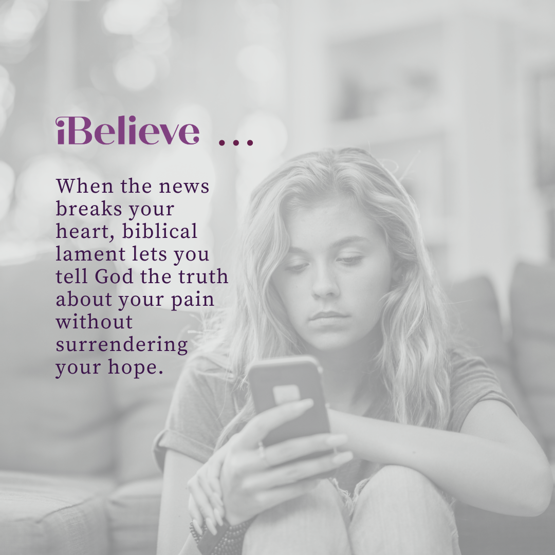 Christian woman praying beside an open Bible with her phone turned facedown after reading distressing news