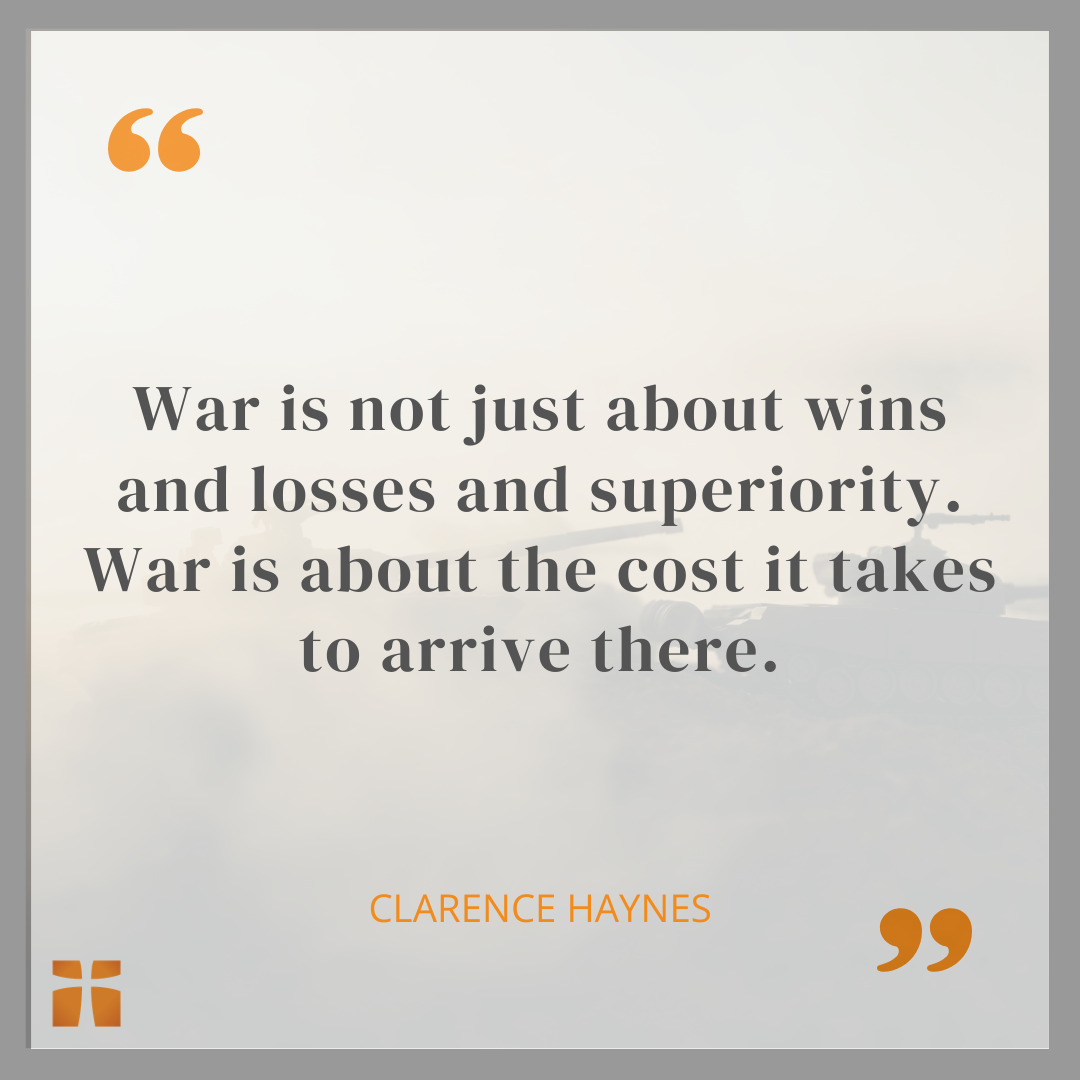 Quote graphic about the human cost of war, military service, grief, and Christian prayer.