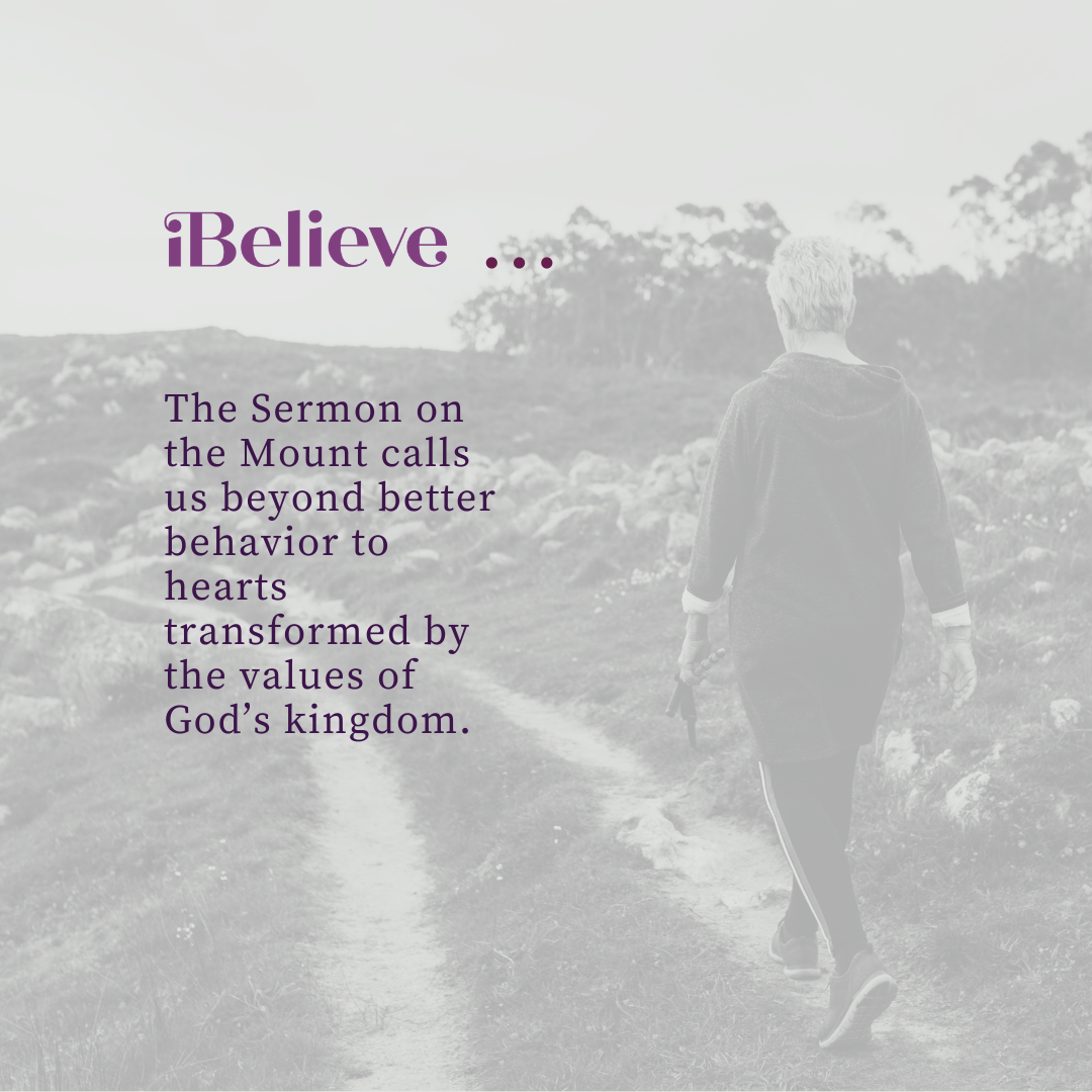 Woman walking along a quiet path with a quote about the Sermon on the Mount transforming hearts through the values of God’s kingdom.