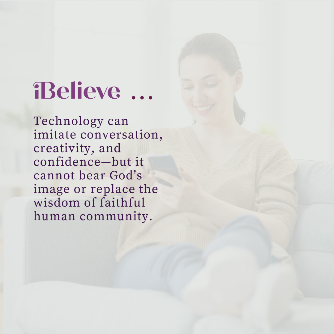 Christian quote card explaining that AI can imitate human abilities but cannot bear God’s image or replace faithful community