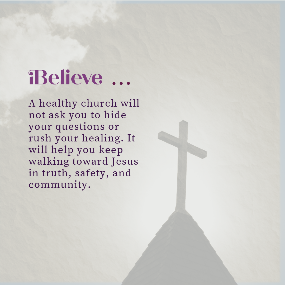 Christian quote card encouraging people to find a healthy church that welcomes questions, supports healing, and points them toward Jesus