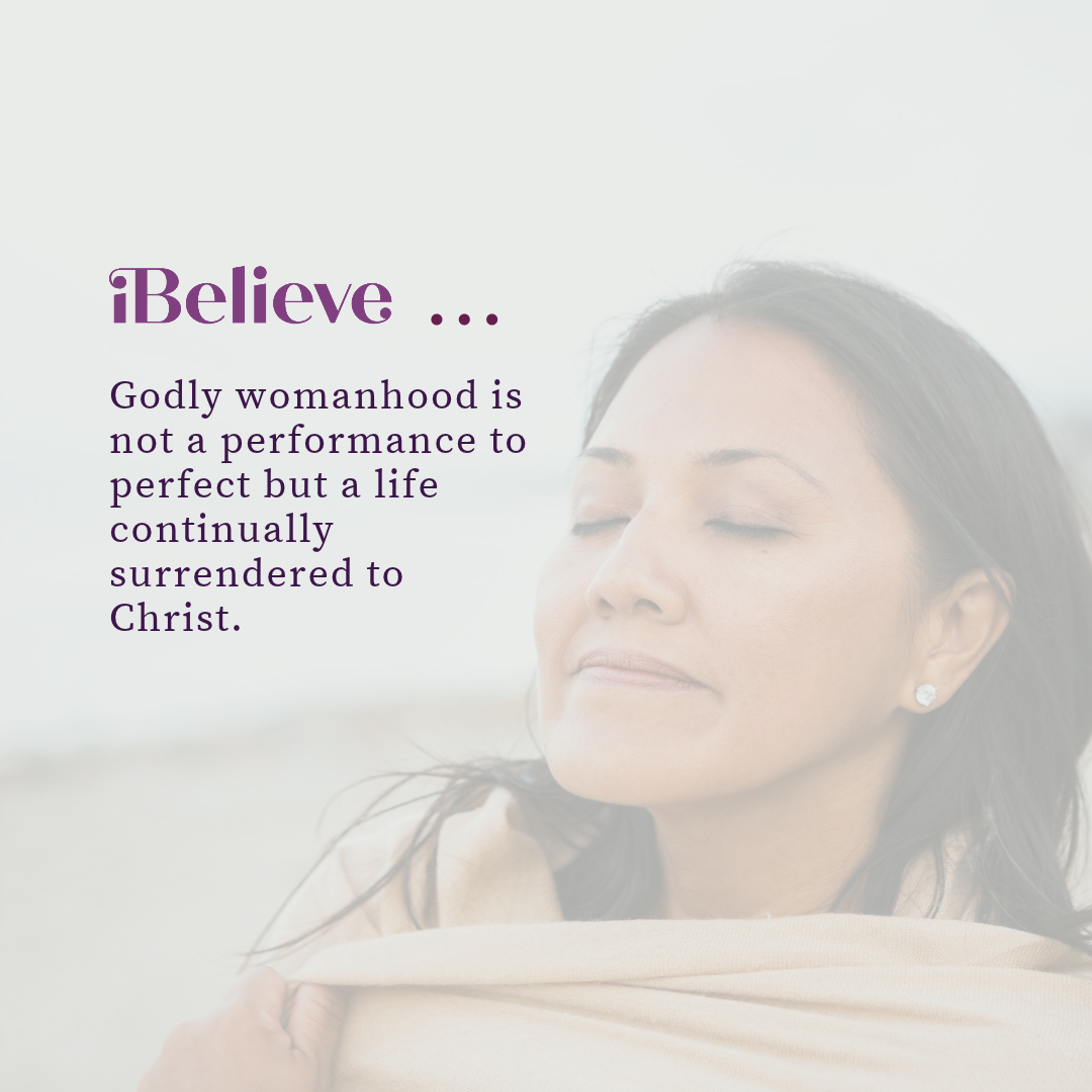 Christian quote card explaining that godly womanhood is a life surrendered to Christ rather than a performance