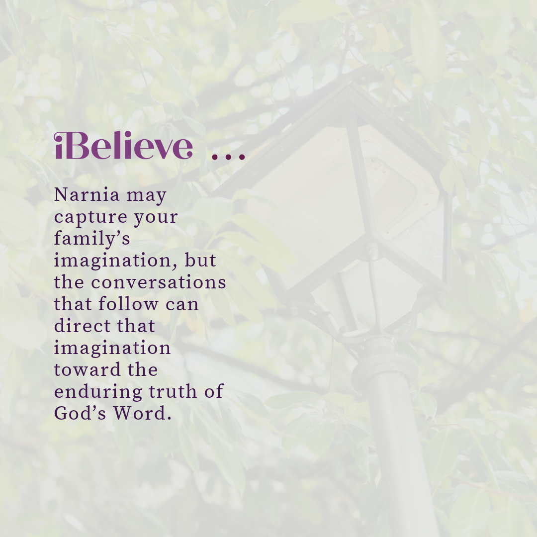 Graphic showing sacrifice, forgiveness, courage, and faith as four Christian themes families can discuss after reading Narnia